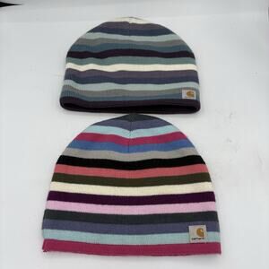 Carhartt Beanie Hat Cap Womens Fleece Lined Stripes Pink Blue Stretch Lot of 2‎